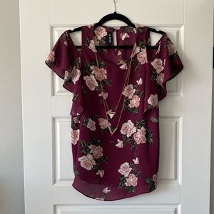 Women’s Maroon Floral Blouse with Necklace